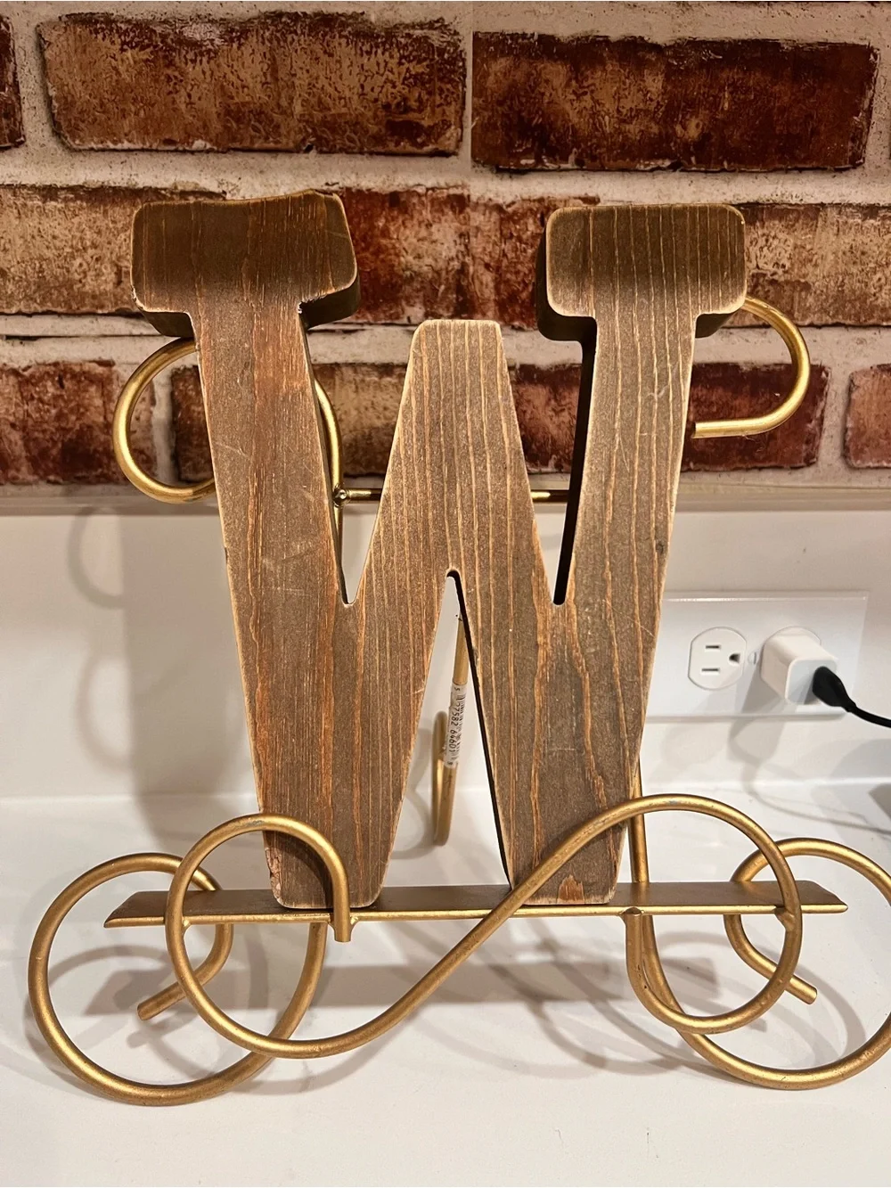 Wooden 'W' Monogram Wall Decor in Brown and Gold